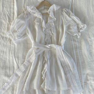 White Doen Puff Sleeve Mini Dress with Belt